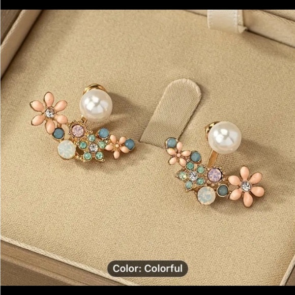 New Women Flower Design With Faux Pearl Shiny Rhinestone Decor Stud Earrings - Picture 4 of 7